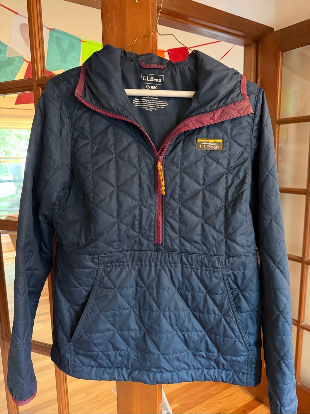 L.L. Bean women’s Navy Quilted Pullover with Maroon Trim